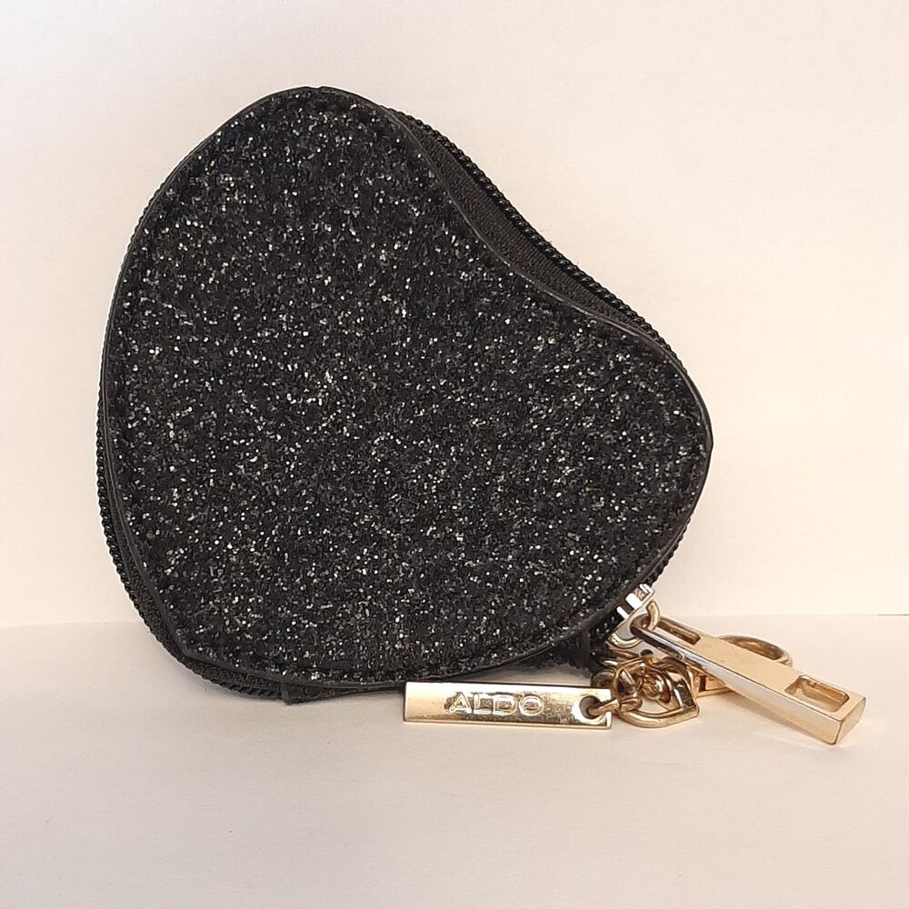 Aldo Fashion Mini Wallet Purse Black Glitters with Logo Zip Heart Shape